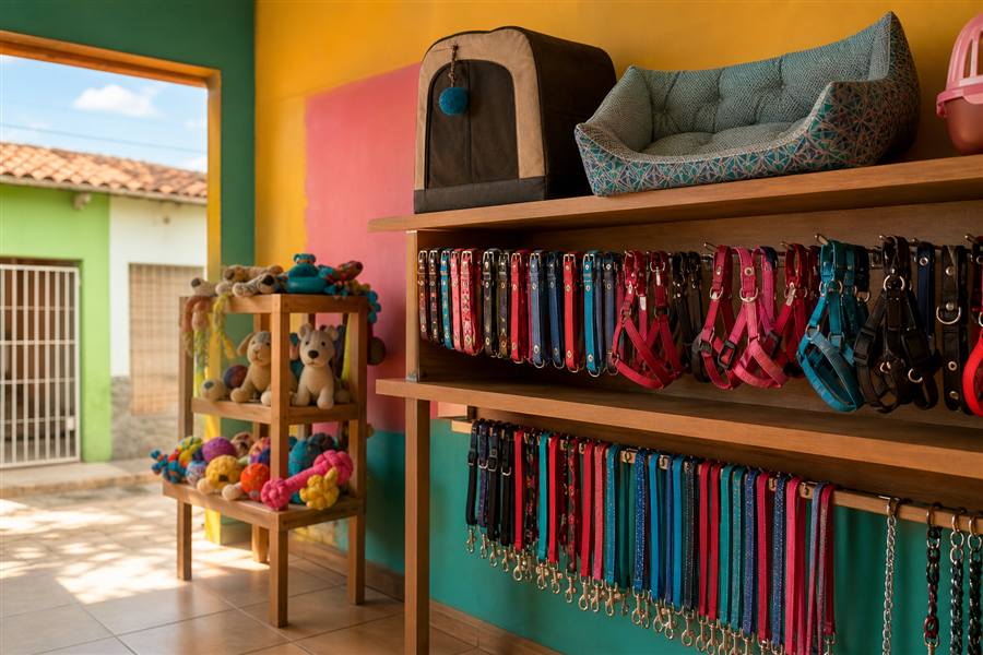 Coleiras, guias e camas para pets