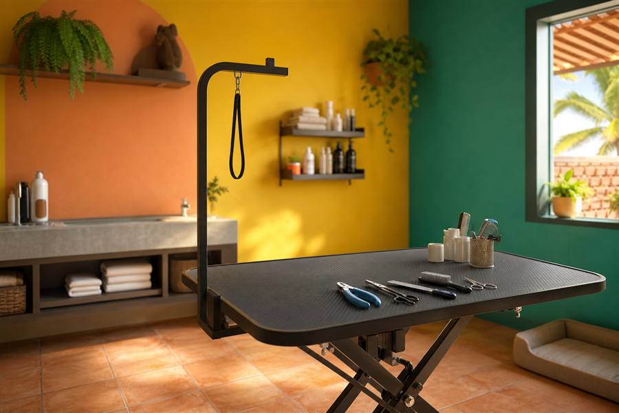 Mesa de tosa com tesouras e acessórios